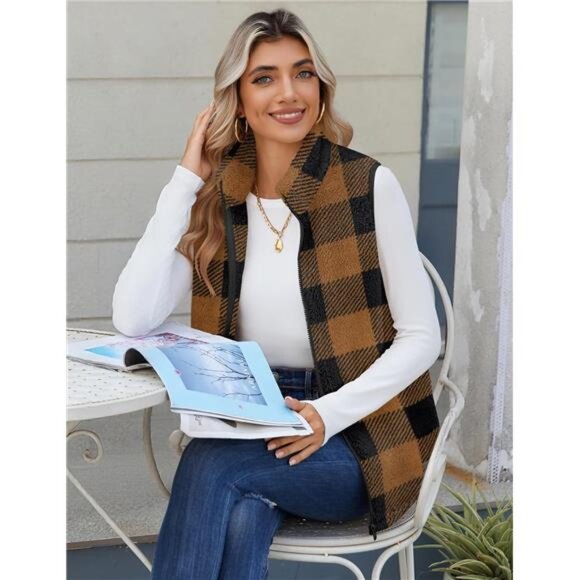 Vest For Women Sleeveless Brown Plaid - Picture 6 of 6